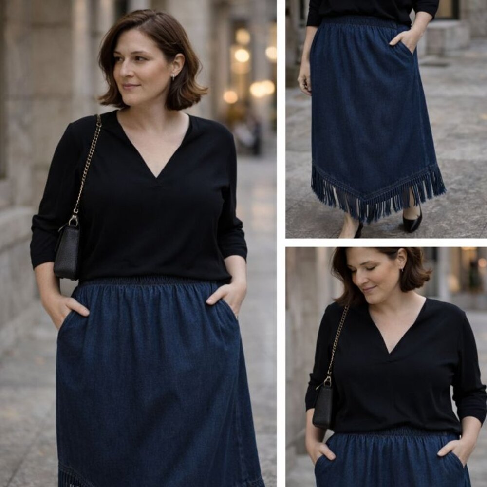 🖤 Vintage CMC by Florence Cotton Denim Fringe Skirt – Made in USA – Minimalist